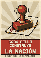 Un cartel con un sello que baja sobre una página: CADA SELLO CONSTRUYE LA NACIÓN.