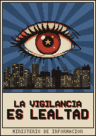 Un cartel con un ojo sobre la ciudad de noche: LA VIGILANCIA ES LEALTAD.