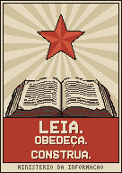 Um cartaz com um livro aberto sob uma estrela vermelha: LEIA. OBEDEÇA. CONSTRUA.