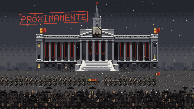 El palacio la mañana del funeral, con el retrato del Líder colgado bajo la torre.