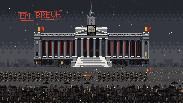 O palácio na manhã do funeral, com o retrato do Líder pendurado sob a torre.